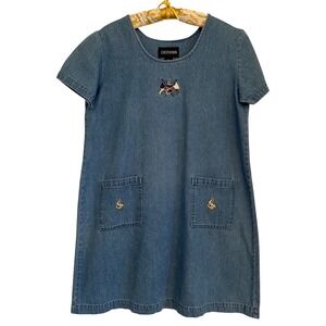 Vintage Exclamation Denim Shift Dress Women's Sz M Petite Embroidered Nautical